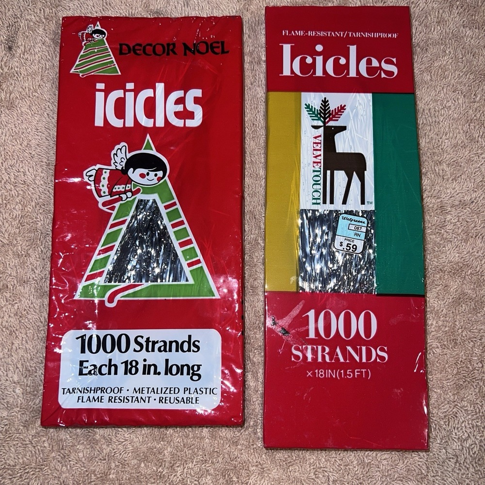 Lot of 2 Vintage Christmas Tree Silver Icicles Tinsel 1000 Strands 18" USA Made